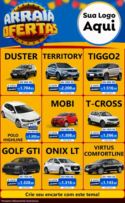 Modelo de Encarte para Encarte Grande com o tema Arraiá de Ofertas - Junina para Concessionaria de Carros