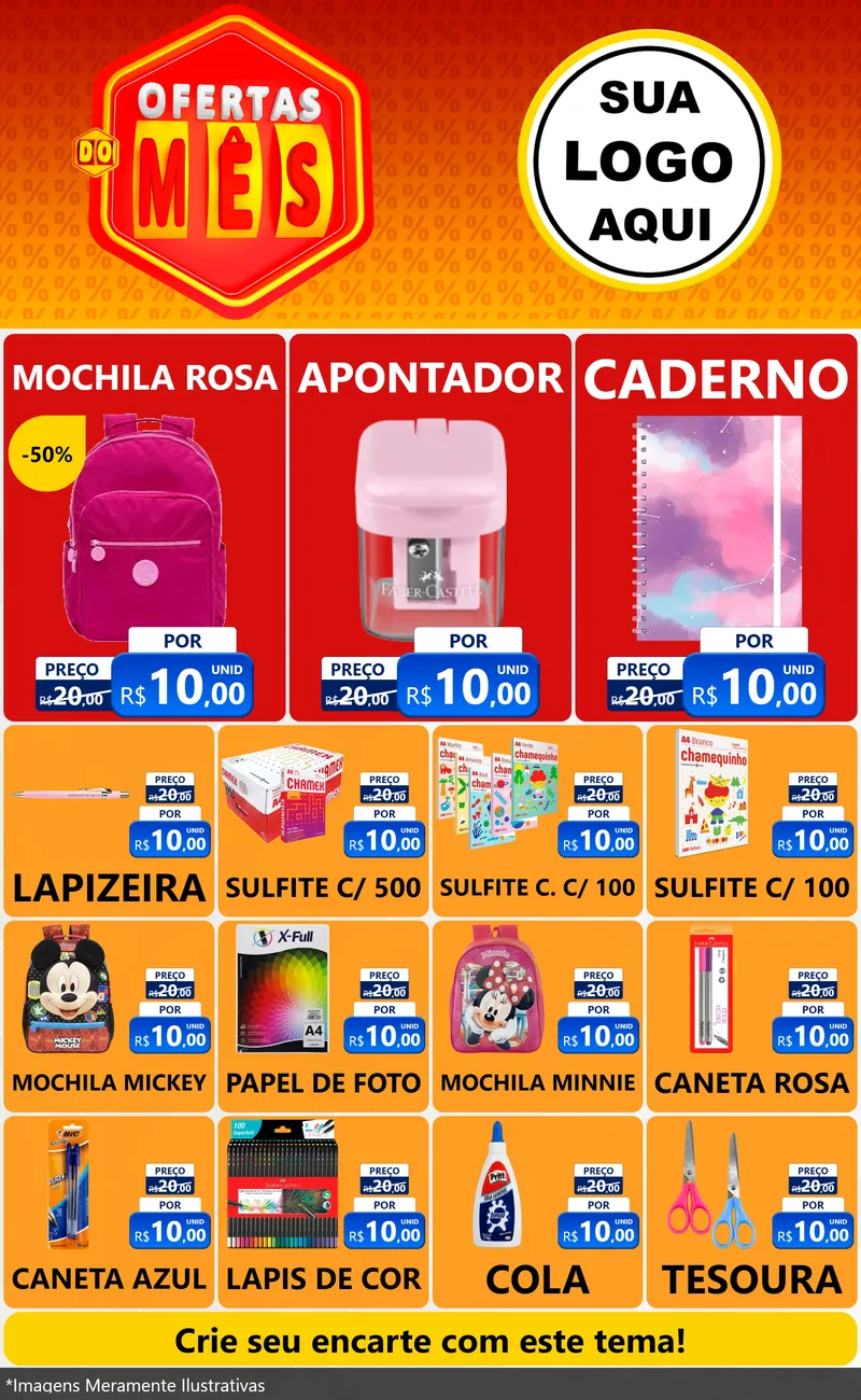 Modelo de Encarte para Encarte Grande com o tema Ofertas do Mês para Papelaria