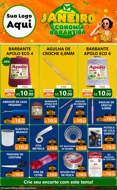 Modelo de Encarte para Encarte Grande com o tema Janeiro - Economia Garantida para Armarinho e Aviamentos