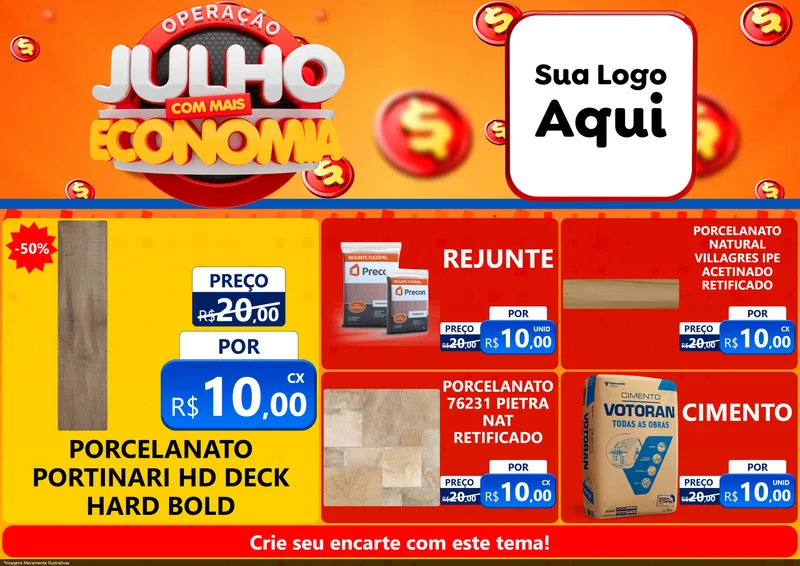 Modelo de Encarte para Encarte A4 Horizontal com o tema Operação Julho Com Mais Economia para Pisos e revestimentos