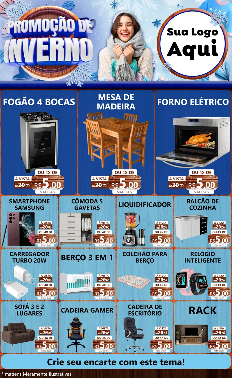 Modelo de Encarte para Encarte Grande com o tema Promoção de Inverno para Móveis e Eletro