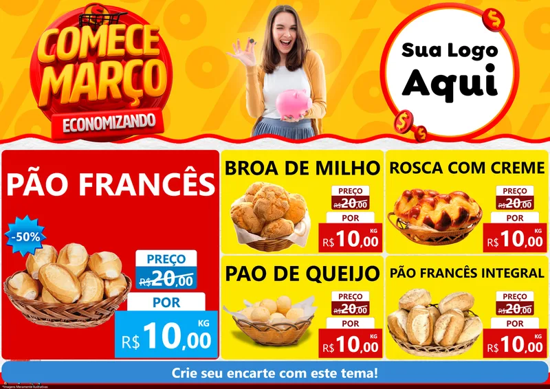 Modelo de Encarte para Encarte A4 Horizontal com o tema Comece Março Economizando para Padaria