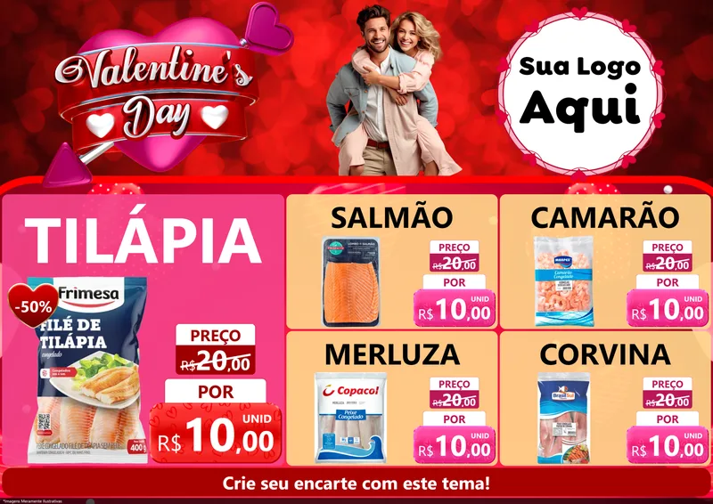 Modelo de Encarte para Encarte A4 Horizontal com o tema Valentine's Day para Peixaria