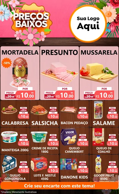 Modelo de Encarte para Encarte Grande com o tema Primavera de Preços Baixos para Frios e Laticínios