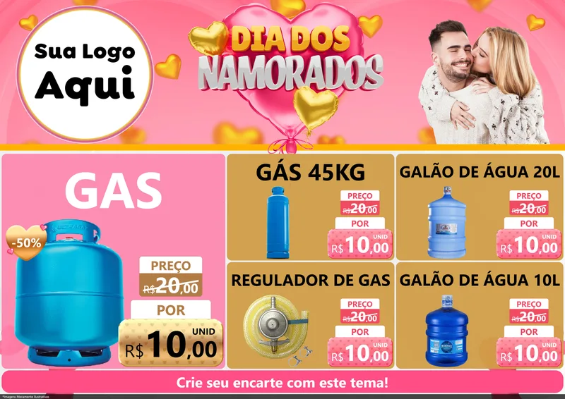Modelo de Encarte para Encarte A4 Horizontal com o tema Dia dos Namorados para Água e gás