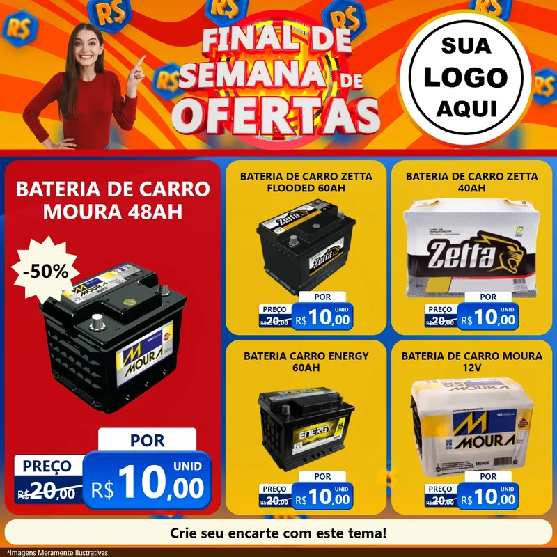 Modelo de Rede Social para Feed Facebook com o tema Final de Semana de Ofertas para Baterias Elétricas