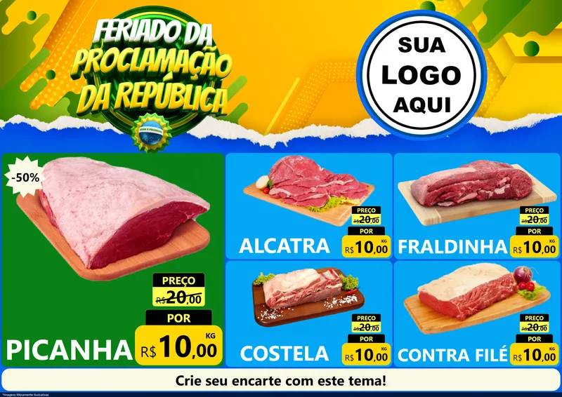 Modelo de Encarte para Encarte A4 Horizontal com o tema Feriado da Proclamação da República para Açougue