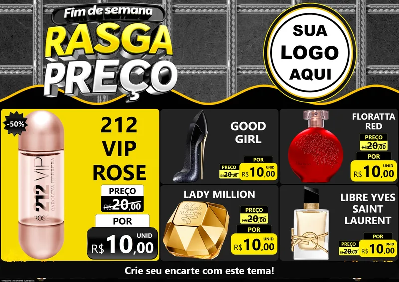 Modelo de Encarte para Encarte A4 Horizontal com o tema Fim de Semana Rasga Preço para Perfumes