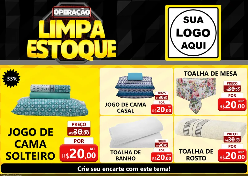 Modelo de Encarte para Encarte A4 Horizontal com o tema Operação Limpa Estoque para Cama, Mesa e Banho