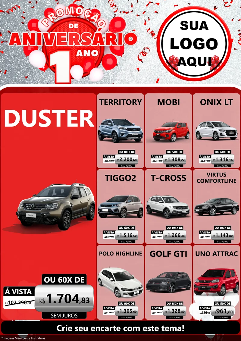 Modelo de Encarte para Encarte A4 Vertical com o tema Promoção de Aniversário - 1 Ano para Concessionaria de Carros