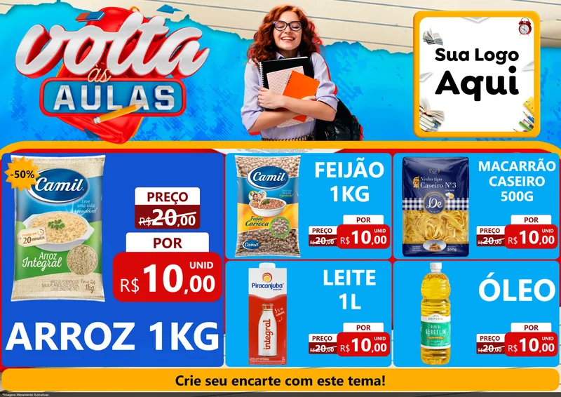 Modelo de Encarte para Encarte A4 Horizontal com o tema Volta às Aulas para Supermercado