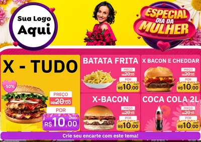 Modelo de Encarte para Encarte A4 Horizontal com o tema Especial Dia da Mulher para Hamburgueria