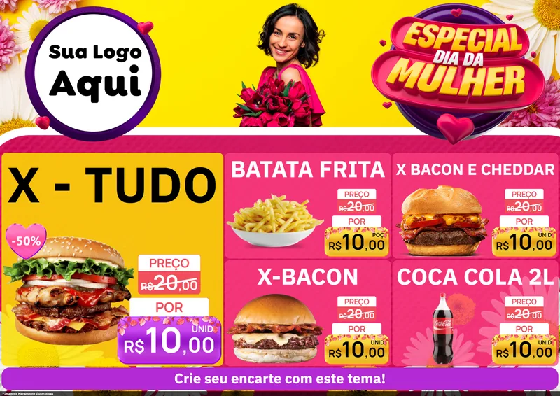 Modelo de Encarte para Encarte A4 Horizontal com o tema Especial Dia da Mulher para Hamburgueria