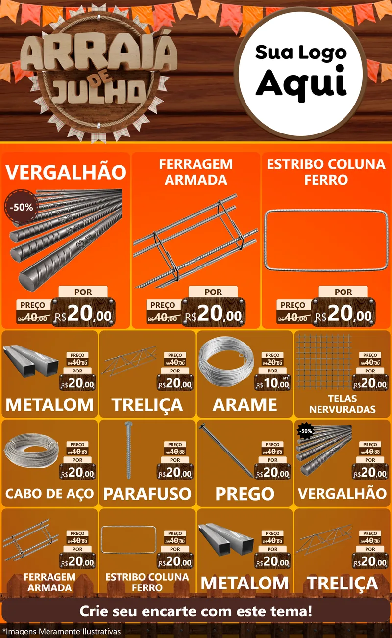 Modelo de Encarte para Encarte Grande com o tema Arraiá de Julho - Junina para Ferragens