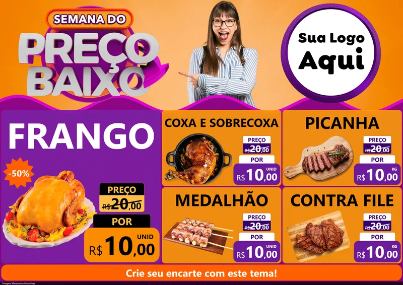 Modelo de Encarte para Encarte A4 Horizontal com o tema Semana do Preço Baixo para Assados