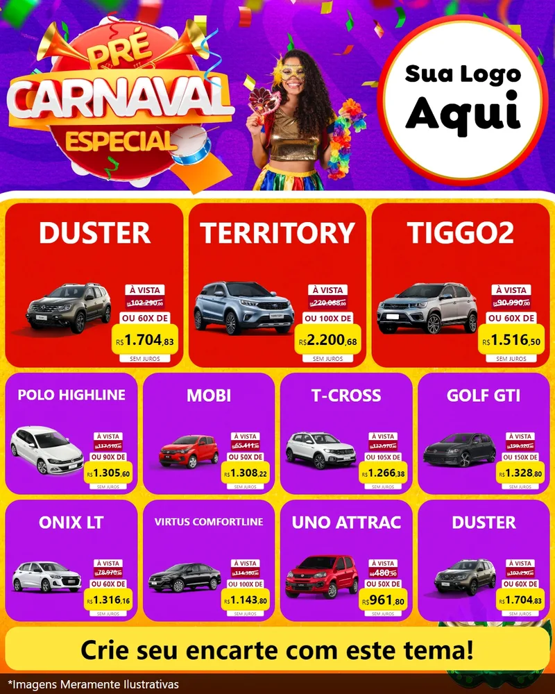 Modelo de Rede Social para Feed Instagram com o tema Pré-Carnaval Especial para Concessionaria de Carros
