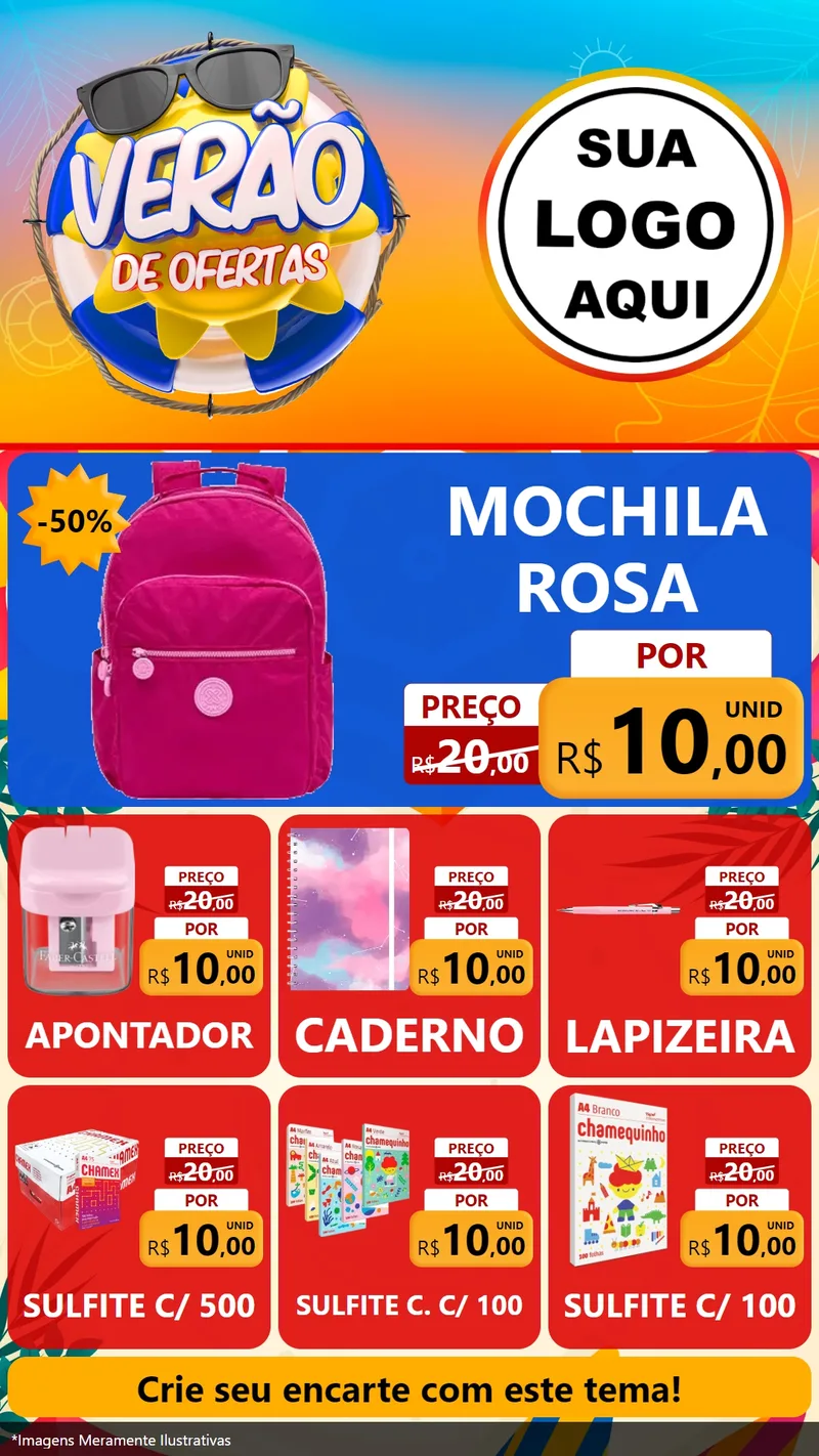 Modelo de Rede Social para Stories com o tema Verão de Ofertas para Papelaria
