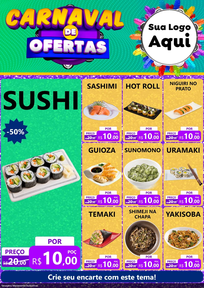 Modelo de Encarte para Encarte A4 Vertical com o tema Carnaval de Ofertas para Comida japonesa