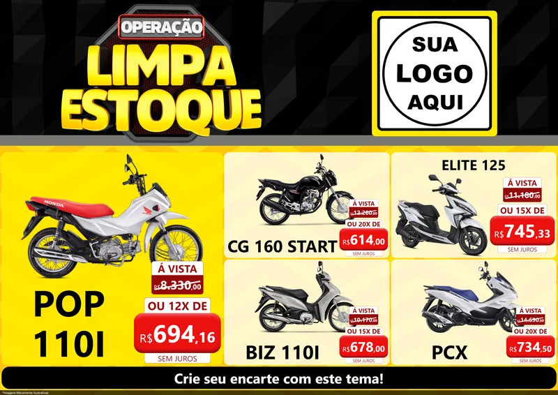 Modelo de Encarte para Encarte A4 Horizontal com o tema Operação Limpa Estoque para Concessionaria de Motos