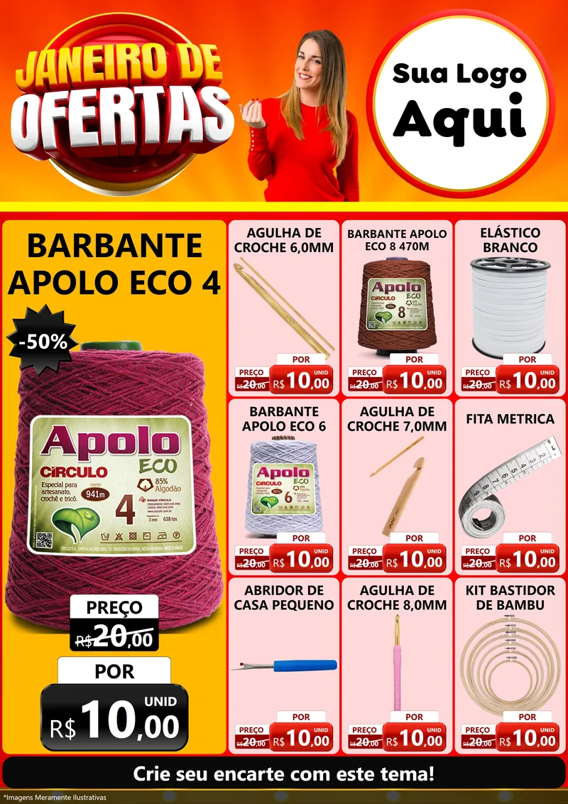 Modelo de Encarte para Encarte A4 Vertical com o tema Janeiro de Ofertas para Armarinho e Aviamentos