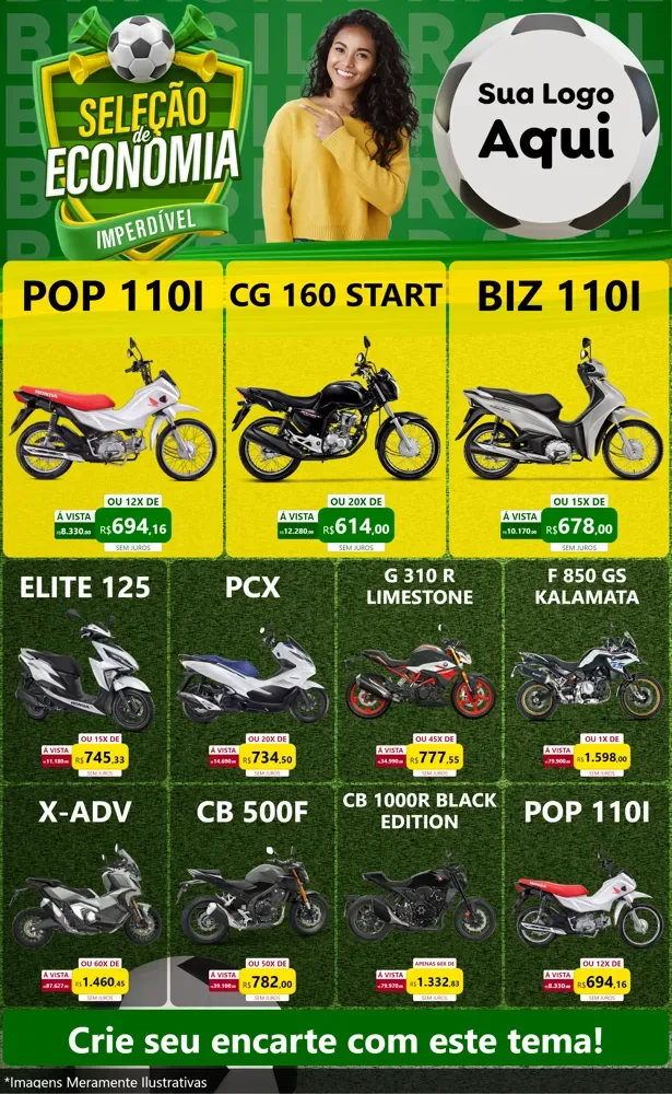 Modelo de Encarte para Encarte Grande com o tema Seleção de Economia - Copa para Concessionaria de Motos