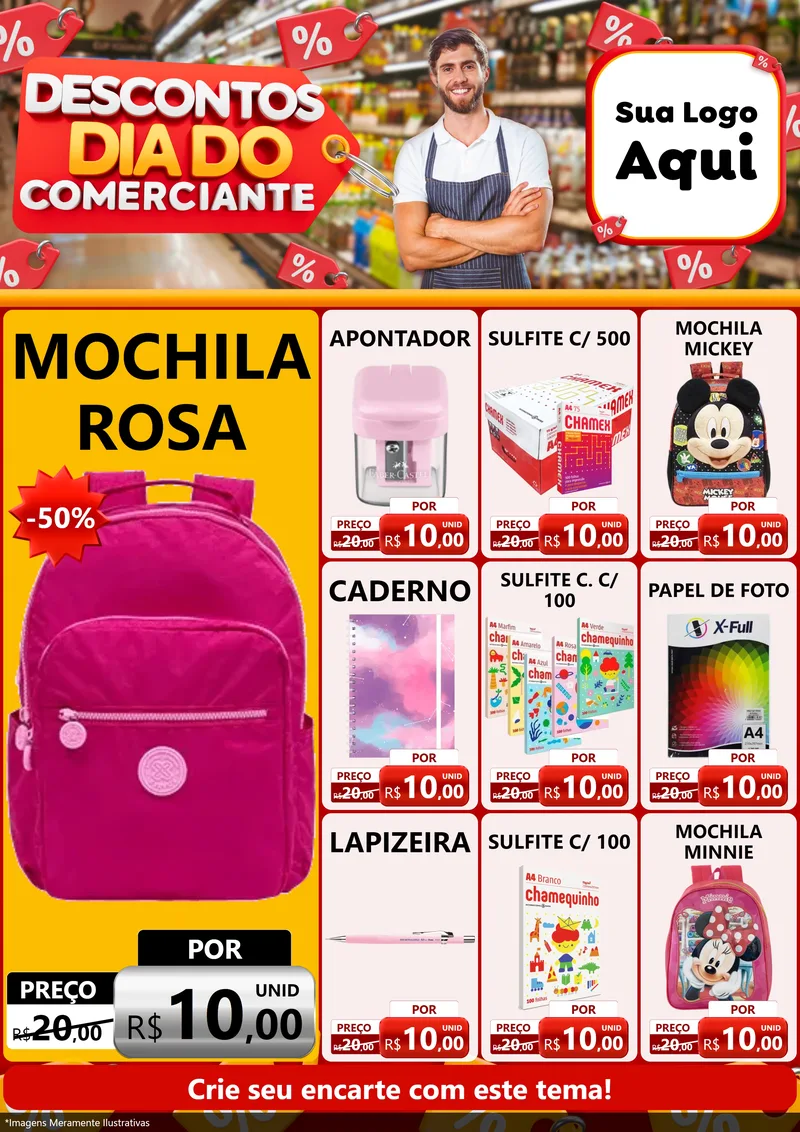 Modelo de Encarte para Encarte A4 Vertical com o tema Descontos Dia do Comerciante para Papelaria