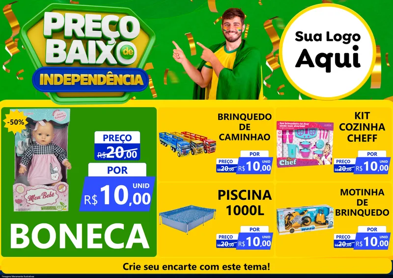 Modelo de Encarte para Encarte A4 Horizontal com o tema Preço Baixo de Independência para Brinquedos