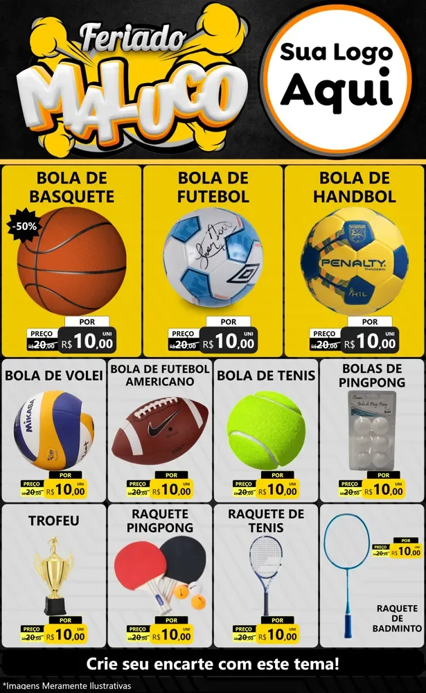 Modelo de Encarte para Encarte Grande com o tema Feriado Maluco para Artigos Esportivos