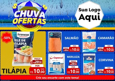 Modelo de Encarte para Encarte A4 Horizontal com o tema Chuva de Ofertas para Peixaria