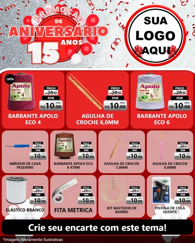 Modelo de Rede Social para Feed Instagram com o tema Promoção de Aniversário - 15 Anos para Armarinho e Aviamentos