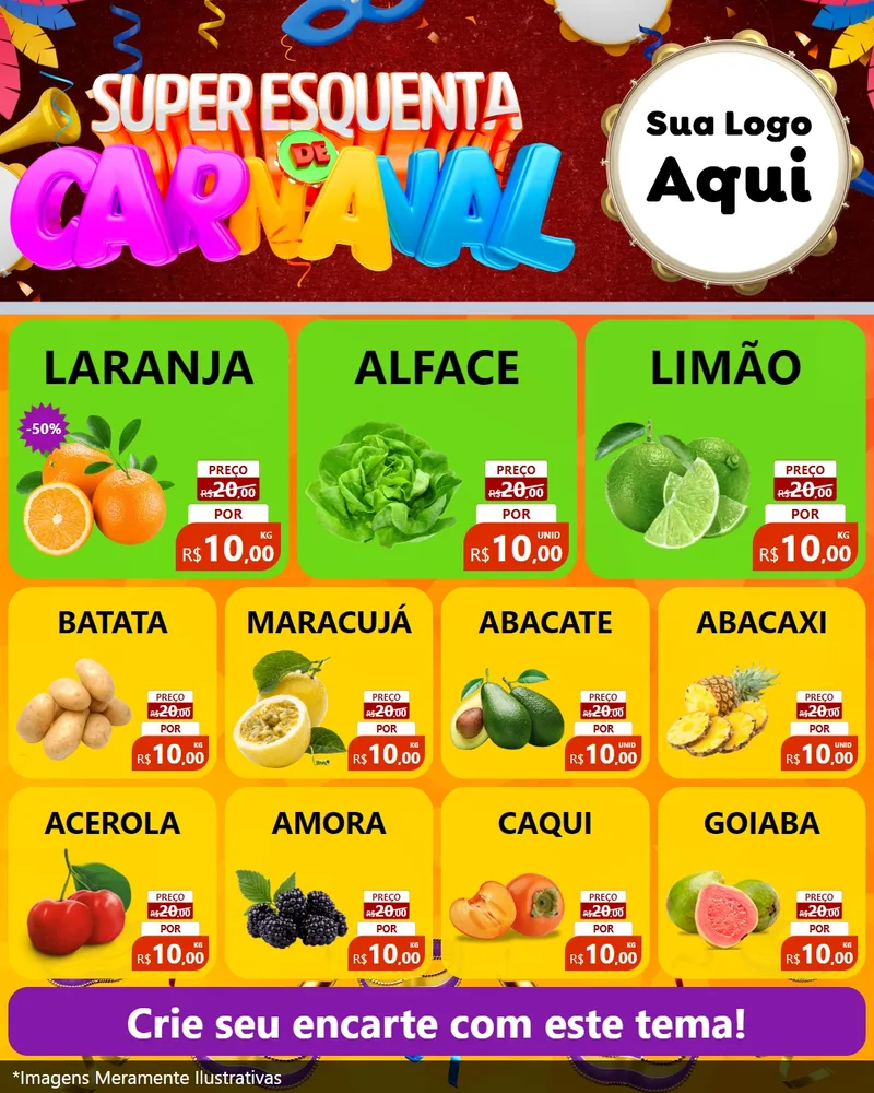 Modelo de Rede Social para Feed Instagram com o tema Super Esquenta de Carnaval para Hortifrúti