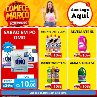 Modelo de Rede Social para Feed Facebook com o tema Comece Março Economizando para Produtos de Limpeza