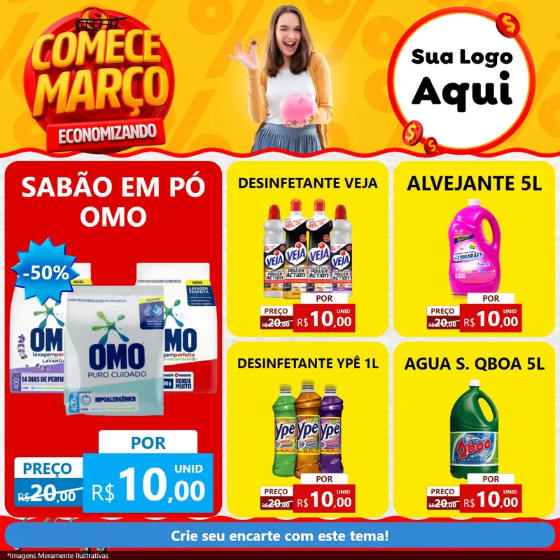 Modelo de Rede Social para Feed Facebook com o tema Comece Março Economizando para Produtos de Limpeza