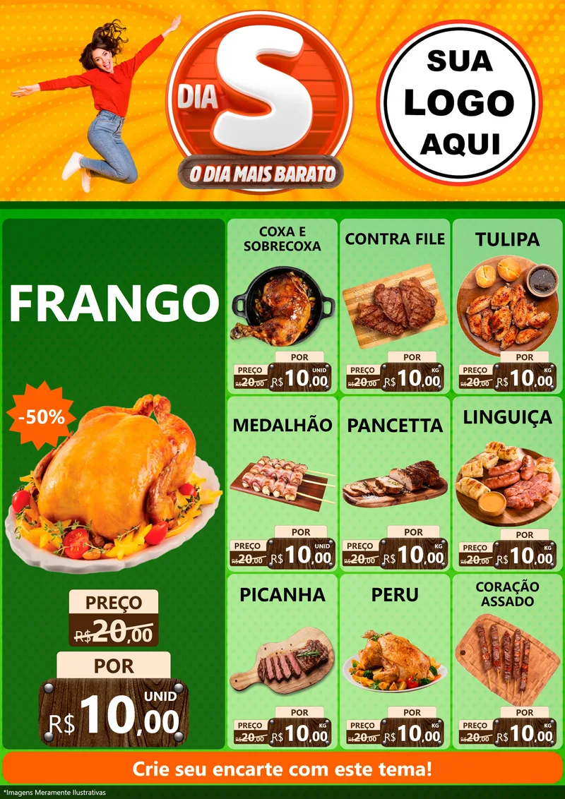 Modelo de Encarte para Encarte A4 Vertical com o tema Dia S - O Dia Mais Barato para Assados