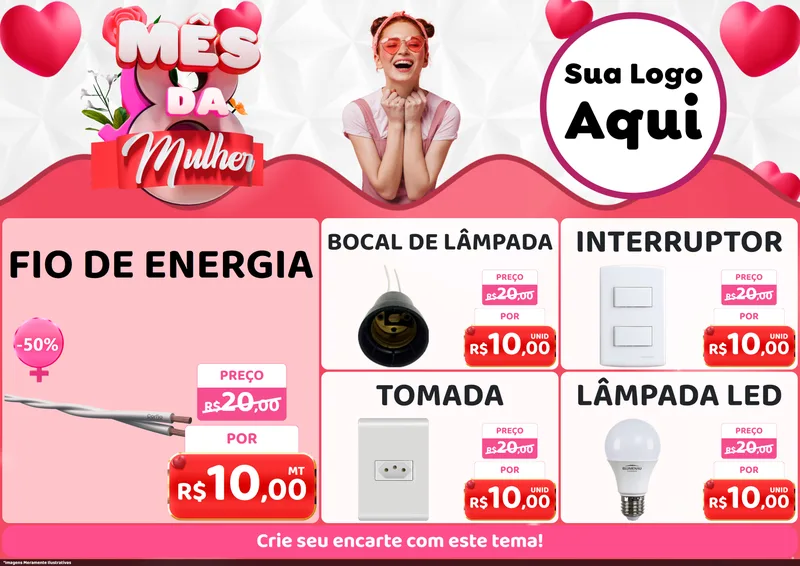 Modelo de Encarte para Encarte A4 Horizontal com o tema Mês da Mulher para Materiais Elétricos