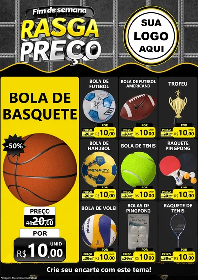 Modelo de Encarte para Encarte A4 Vertical com o tema Fim de Semana Rasga Preço para Artigos Esportivos