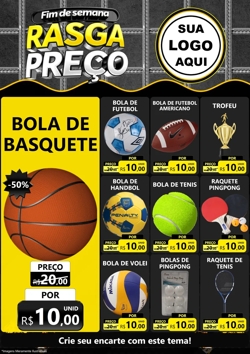 Modelo de Encarte para Encarte A4 Vertical com o tema Fim de Semana Rasga Preço para Artigos Esportivos