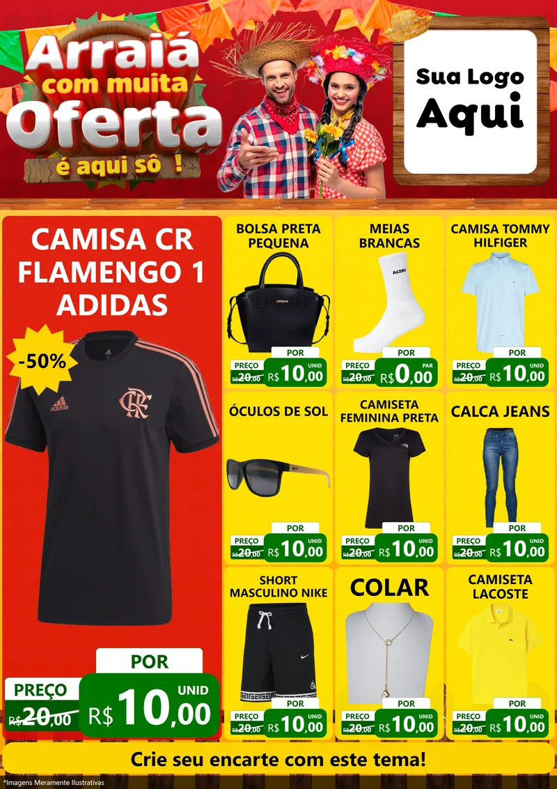 Modelo de Encarte para Encarte A4 Vertical com o tema Arraiá Com Muita Oferta - É Aqui Sô! para Roupas e acessórios