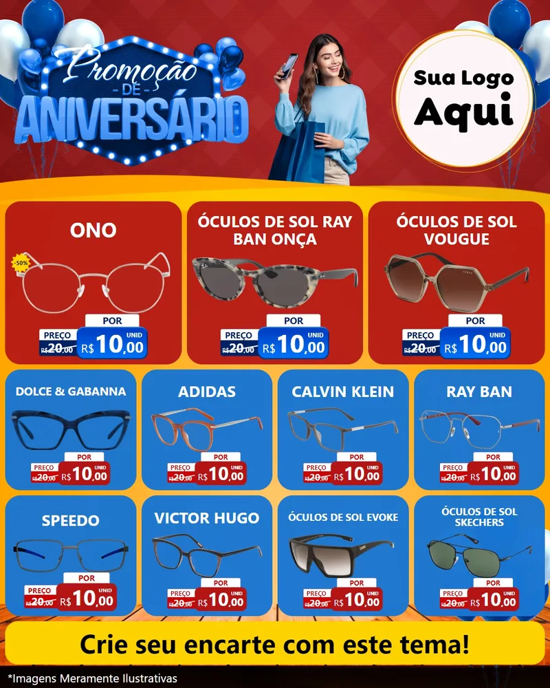 Modelo de Rede Social para Feed Instagram com o tema Promoção de Aniversário para Óticas