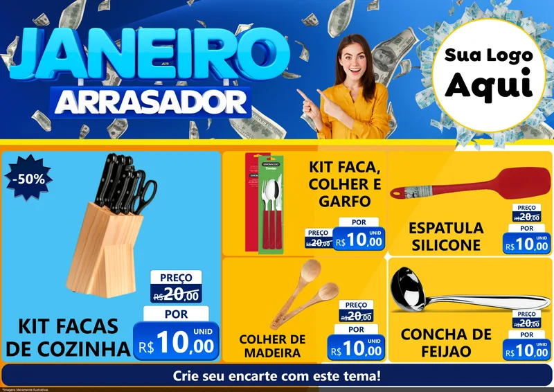 Modelo de Encarte para Encarte A4 Horizontal com o tema Janeiro Arrasador para Utilidades Domésticas