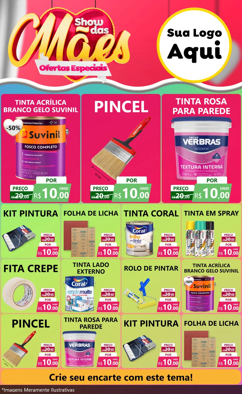 Modelo de Encarte para Encarte Grande com o tema Show das Mães - Ofertas Especiais para Tintas e Ferramentas