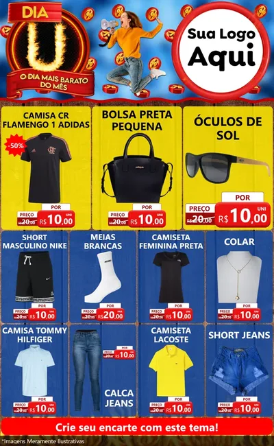 Modelo de Encarte para Encarte Grande com o tema Dia U - O Dia Mais Barato Do Mês para Roupas e acessórios