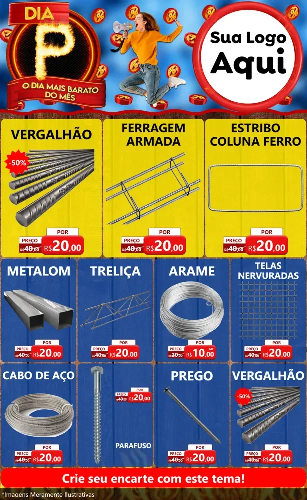 Modelo de Encarte para Encarte Grande com o tema Dia P - O Dia Mais Barato Do Mês para Ferragens