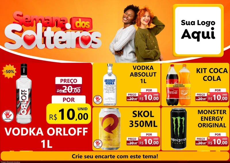 Modelo de Encarte para Encarte A4 Horizontal com o tema Semana dos Solteiros para Distribuidora de bebidas