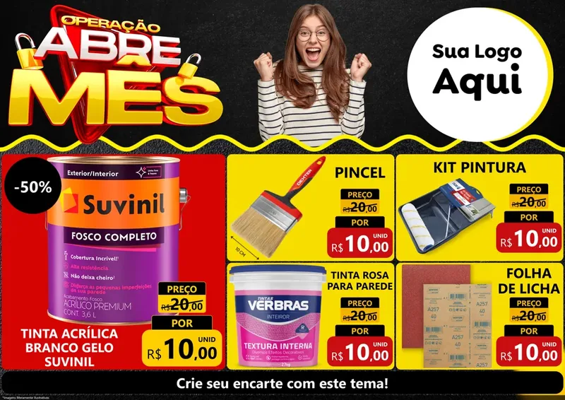 Modelo de Encarte para Encarte A4 Horizontal com o tema Operação Abre Mês para Tintas e Ferramentas