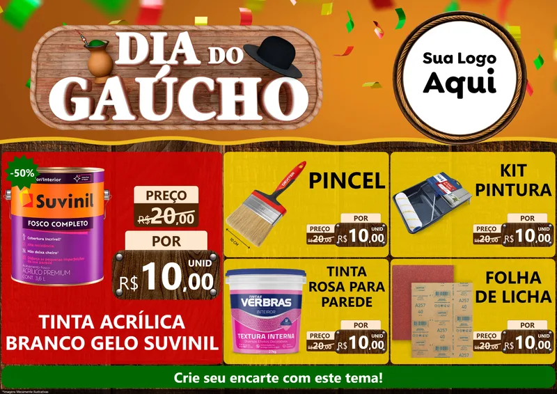 Modelo de Encarte para Encarte A4 Horizontal com o tema Dia do Gaúcho para Tintas e Ferramentas