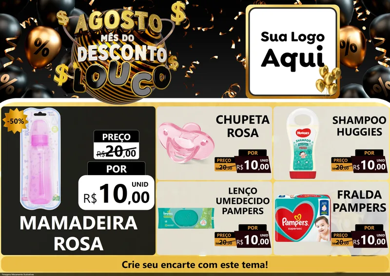 Modelo de Encarte para Encarte A4 Horizontal com o tema Agosto Mês do Desconto Louco para Bebês