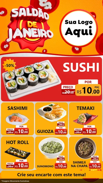 Modelo de Rede Social para Stories com o tema Saldão de Janeiro para Comida japonesa