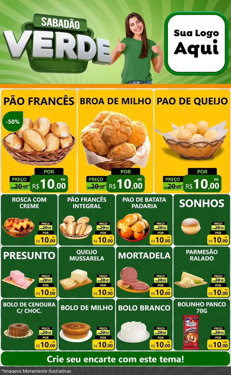 Modelo de Encarte para Encarte Grande com o tema Sabadão Verde para Padaria