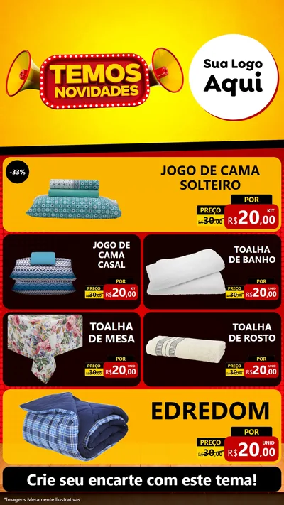Modelo de TV para TV Vertical com o tema Temos Novidades para Cama, Mesa e Banho